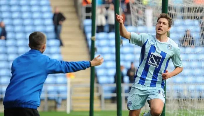 Framed Print : Shaun Miller Scores First Goal: Coventry City vs. Bristol City in Sky Bet League One Framed Print : Shaun Miller Scores First Goal: Coventry City vs. Bristol City in Sky Bet League One
