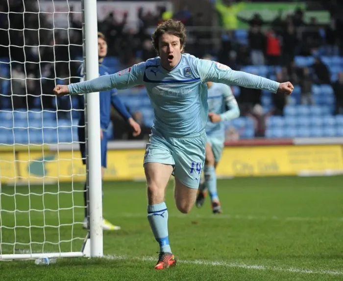 Framed Print : Stephen Elliott Scores Opening Goal for Coventry City vs Oldham in League One at Ricoh Arena