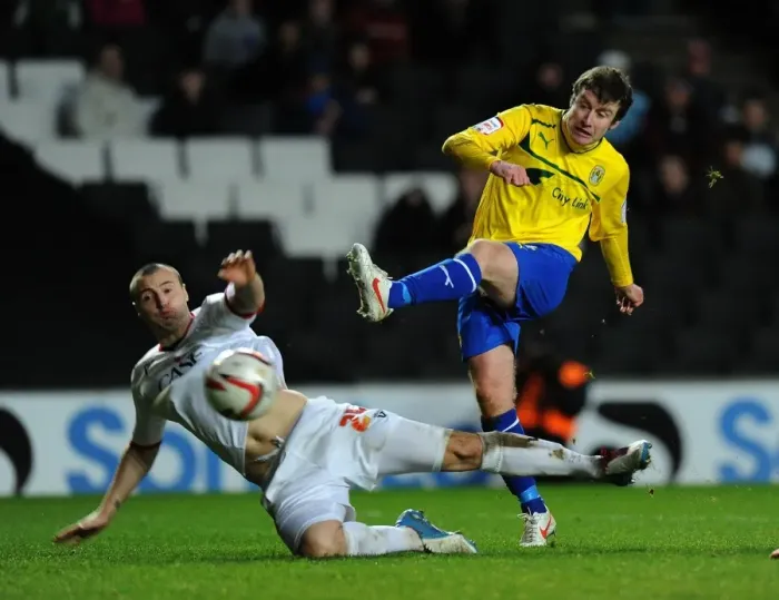 Framed Print : Stephen Elliott Scores Thrilling Third Goal Against Milton Keynes Dons in Football League One Framed Print : Stephen Elliott Scores Thrilling Third Goal Against Milton Keynes Dons in Football League One