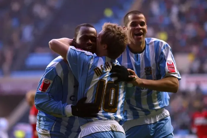 Framed Print : Stern John's Euphoric FA Cup Goal Celebration with Gary McSheffrey and Marcus Hall (vs Middlesbrough, 2006)