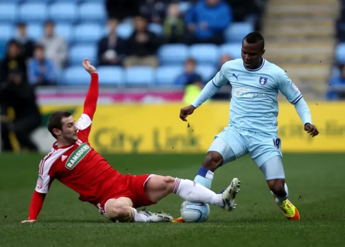 Framed Print : A Tackle in the Npower Championship: Coventry City's Alex Nimely vs Middlesbrough's Kevin Thomson (21-01-2012, Ricoh Arena) Framed Print : A Tackle in the Npower Championship: Coventry City's Alex Nimely vs Middlesbrough's Kevin Thomson (21-01-2012, Ricoh Arena)
