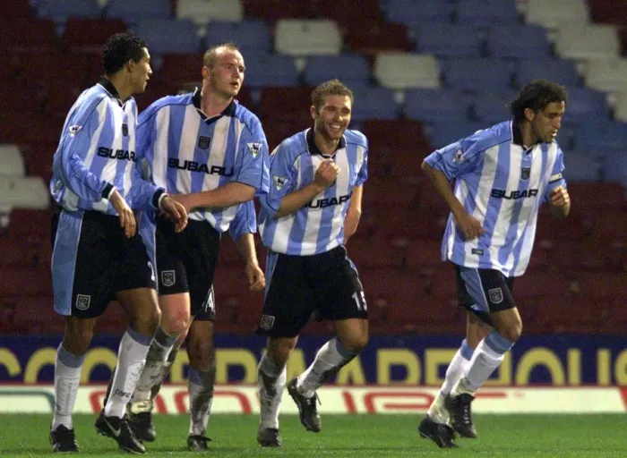 Framed Print : Unforgettable Own-Goal Celebration: Coventry City's Euphoric Reaction to Christian Dailly's Score at Upton Park (FA Carling Premiership, 12-02-2001)