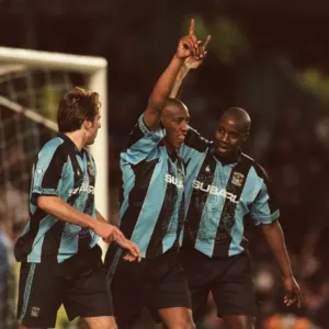 Celebrating the Penalty: Coventry City's Triumph - Huckerby, Williams, and Dublin Rejoice Celebrating the Penalty: Coventry City's Triumph - Huckerby, Williams, and Dublin Rejoice