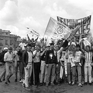 Coventry City Fans in Trafalgar Square: Waving Flags Ahead of FA Cup Final against Tottenham Hotspur at Wembley Stadium
