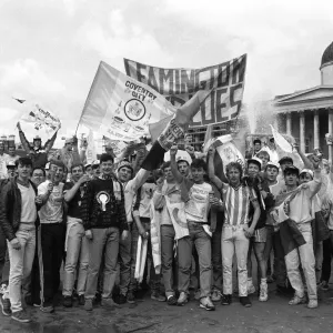 Coventry City Fans in Trafalgar Square: Waving Flags Ahead of FA Cup Final against Tottenham Hotspur at Wembley Stadium Coventry City Fans in Trafalgar Square: Waving Flags Ahead of FA Cup Final against Tottenham Hotspur at Wembley Stadium