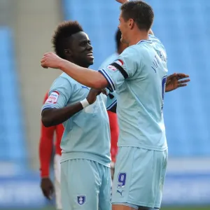 Coventry City FC: Lukas Jutkiewicz and Gael Bigirimana Celebrate Championship Victory over Nottingham Forest at Ricoh Arena Coventry City FC: Lukas Jutkiewicz and Gael Bigirimana Celebrate Championship Victory over Nottingham Forest at Ricoh Arena