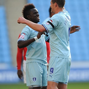 Coventry City FC: Lukas Jutkiewicz and Gael Bigirimana Celebrate Championship Victory over Nottingham Forest at Ricoh Arena