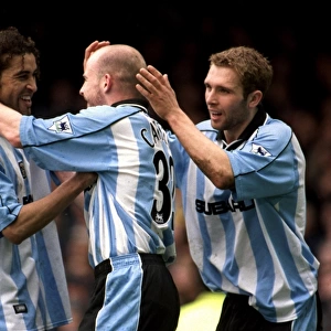 Coventry City: Mustapha Hadji and Lee Carsley Celebrate Historic Second Goal Against Leicester City (07-04-2001)