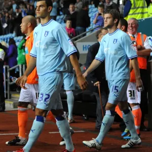 Coventry City vs Blackpool: Conor Thomas and Martin Cranie with Mascot Before Kick-off in Npower Championship (27-09-2011, Ricoh Arena)