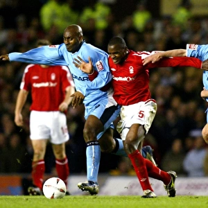 Coventry City vs Nottingham Forest: A Closer Look - Dele Adebola and Michael Doyle Pressuring Darryl Powell (Championship, 2005)