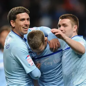 Coventry City's Carl Baker Scores Brace: Triumphant Celebration with Cody McDonald and John Fleck in Npower League One Match vs. Walsall (Ricoh Arena) Coventry City's Carl Baker Scores Brace: Triumphant Celebration with Cody McDonald and John Fleck in Npower League One Match vs. Walsall (Ricoh Arena)