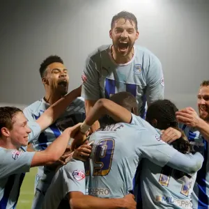 Coventry City's Exultant League One Victory Celebration at Fleetwood Town's Highbury Stadium Coventry City's Exultant League One Victory Celebration at Fleetwood Town's Highbury Stadium
