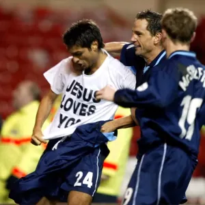 Coventry City's Triumphant Moment: Juan Sara, Dean Holdsworth, and Gary McSheffrey Celebrate Equalizing Goal vs. Nottingham Forest (January 18, 2003) Coventry City's Triumphant Moment: Juan Sara, Dean Holdsworth, and Gary McSheffrey Celebrate Equalizing Goal vs. Nottingham Forest (January 18, 2003)