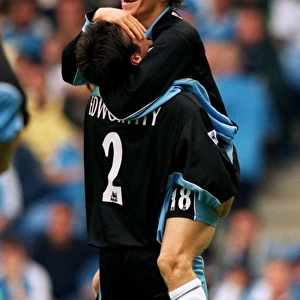 Craig Bellamy and Marc Edworthy Celebrate Goal for Coventry City against Manchester City (FA Carling Premiership, 2000)