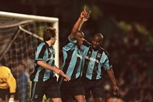 Images Dated 17th January 1998: Celebrating the Penalty: Coventry City's Triumph - Huckerby, Williams, and Dublin Rejoice