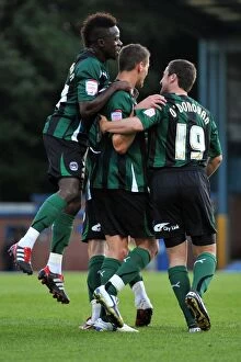 Images Dated 9th August 2011: Coventry City FC: Roy O'Donovan's Euphoric Goal Celebration with Bigirimana and Jutkiewicz vs Bury