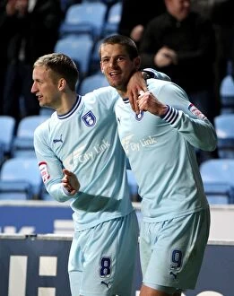 Images Dated 22nd November 2011: Coventry City: Lukas Jutkiewicz and Carl Baker Celebrate Equalizing Goal Against Cardiff City