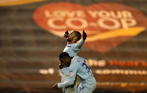 Images Dated 2012 November: Coventry City: McGoldrick and Moussa Celebrate Historic Third Goal vs Colchester United (Npower League One)