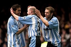 07-04-2001 v Leicester City Collection: Coventry City: Mustapha Hadji and Lee Carsley Celebrate Historic Second Goal Against Leicester
