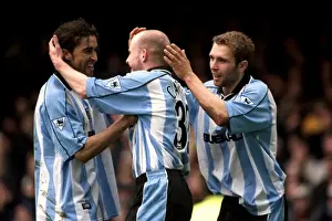 Images Dated 2001: Coventry City: Mustapha Hadji and Lee Carsley Celebrate Historic Second Goal Against Leicester City (07-04-2001)