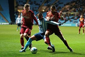 Images Dated 19th April 2016: Coventry City vs Bradford City: Tudgay and Evans vs Meredith at Ricoh Arena