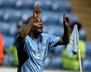 Coventry City's Clinton Morrison Celebrates First Goal Against Cardiff City in Championship Match at Ricoh Arena (16-03-2010)