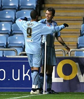 21-10-2008 v Burnley Collection: Coventry City's Elliott Ward and Leon Best Celebrate Penalty Goal Against Burnley in Championship
