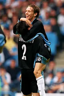 Images Dated 2000: Craig Bellamy and Marc Edworthy Celebrate Goal for Coventry City against Manchester City (FA Carling Premiership)