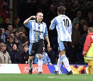Images Dated 7th April 2001: Craig Bellamy and Moustapha Hadji: Celebrating Coventry City's First Goal Against Leicester City