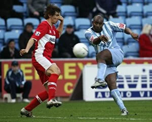 Images Dated 28th January 2006: Determined Dele Adebola Fires at FA Cup Goal: Coventry City vs Middlesbrough (28-01-2006)