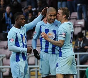 Images Dated 2nd November 2013: Leon Clarke's Double: Coventry City Celebrations with Franck Moussa and Carl Baker vs
