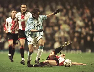 Moustapha Hadji Dodges Mark Draper's Tackle in Coventry City vs. Southampton FA Premiership Clash (22-12-2000, Highfield Road)