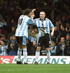 07-04-2001 v Leicester City Collection: Mustapha Hadji and Craig Bellamy: Celebrating Coventry City's Historic First Goal Against