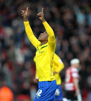 Prints of Coventry Citys Franck Moussa celebrates scoring the opening goal of the game during the npower Football League One match at the Keepmoat Stadium, Doncaster Season 2012-13 Prints: npower Football League One - Doncaster Rovers v Coventry City - Keepmoat Stadium