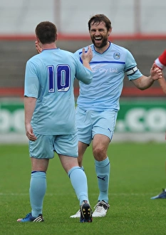 Prints of Coventry Citys John Fleck is congratulated on his long range goal by his team-mate Kevin Kilbane Season 2012-13 Prints: Pre Season Friendly - Accrington Stanley v Coventry City - Crown Ground